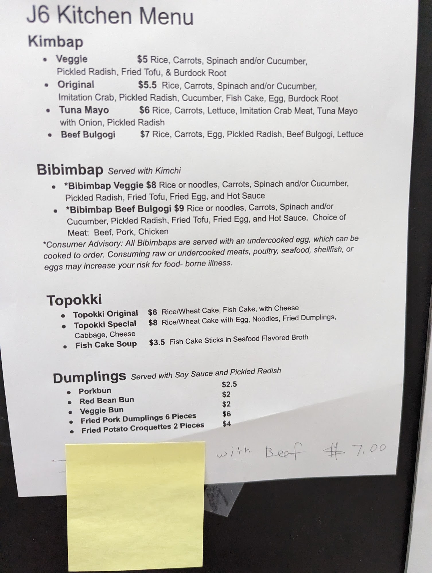 J6 Kitchen Menu
