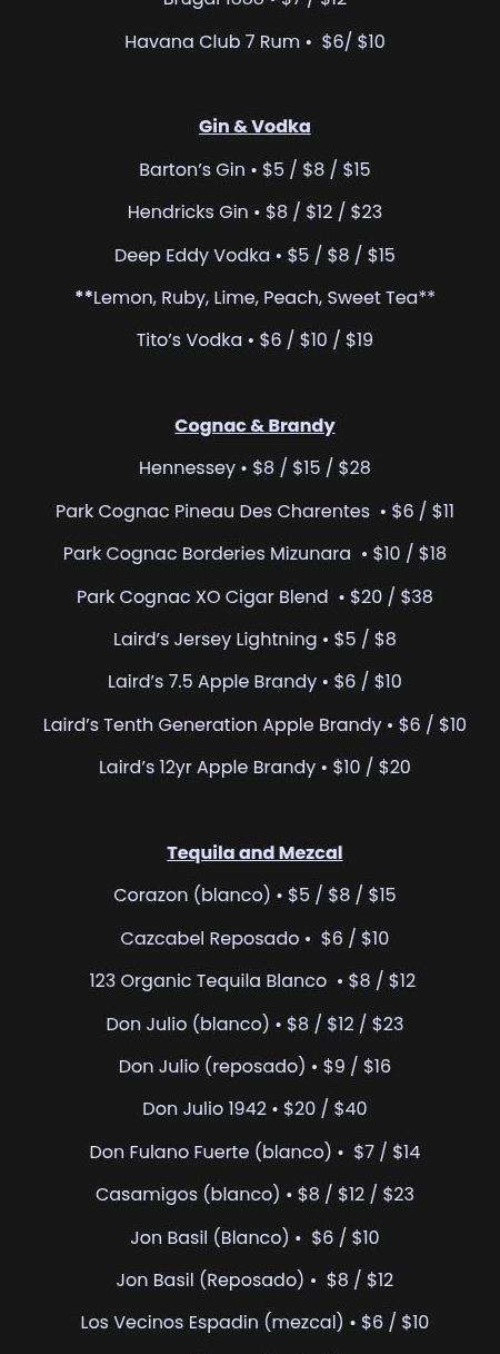 Cole's Bar Menu