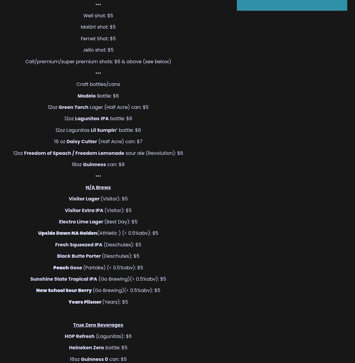 Cole's Bar Menu