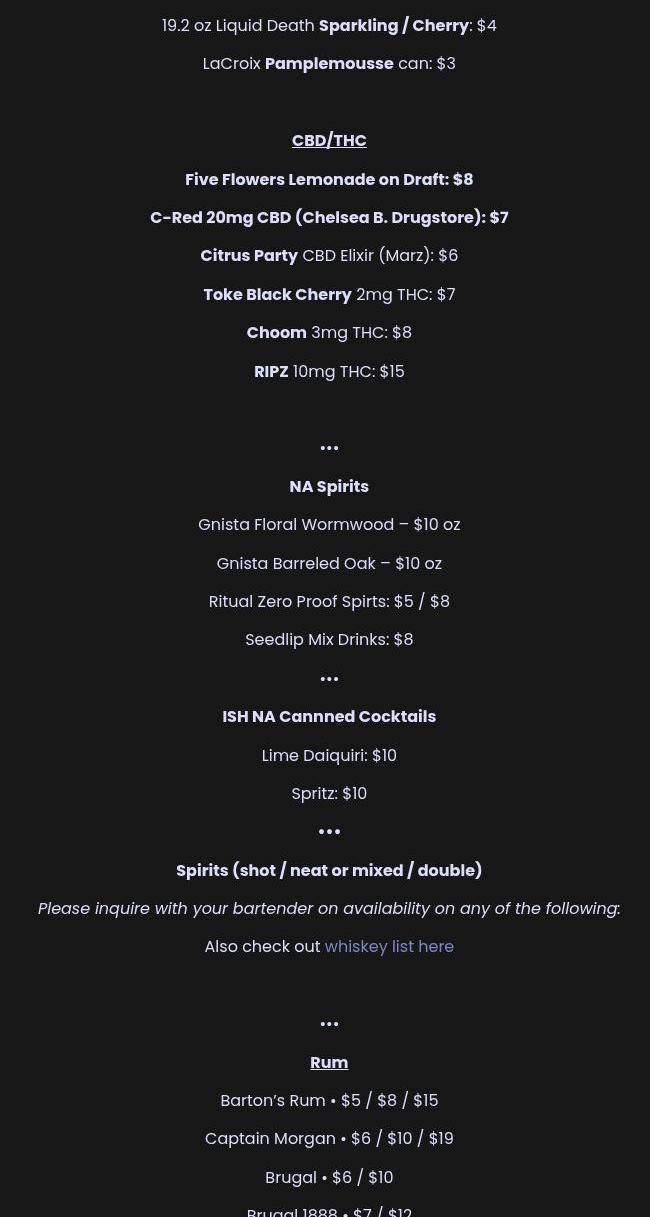 Cole's Bar Menu