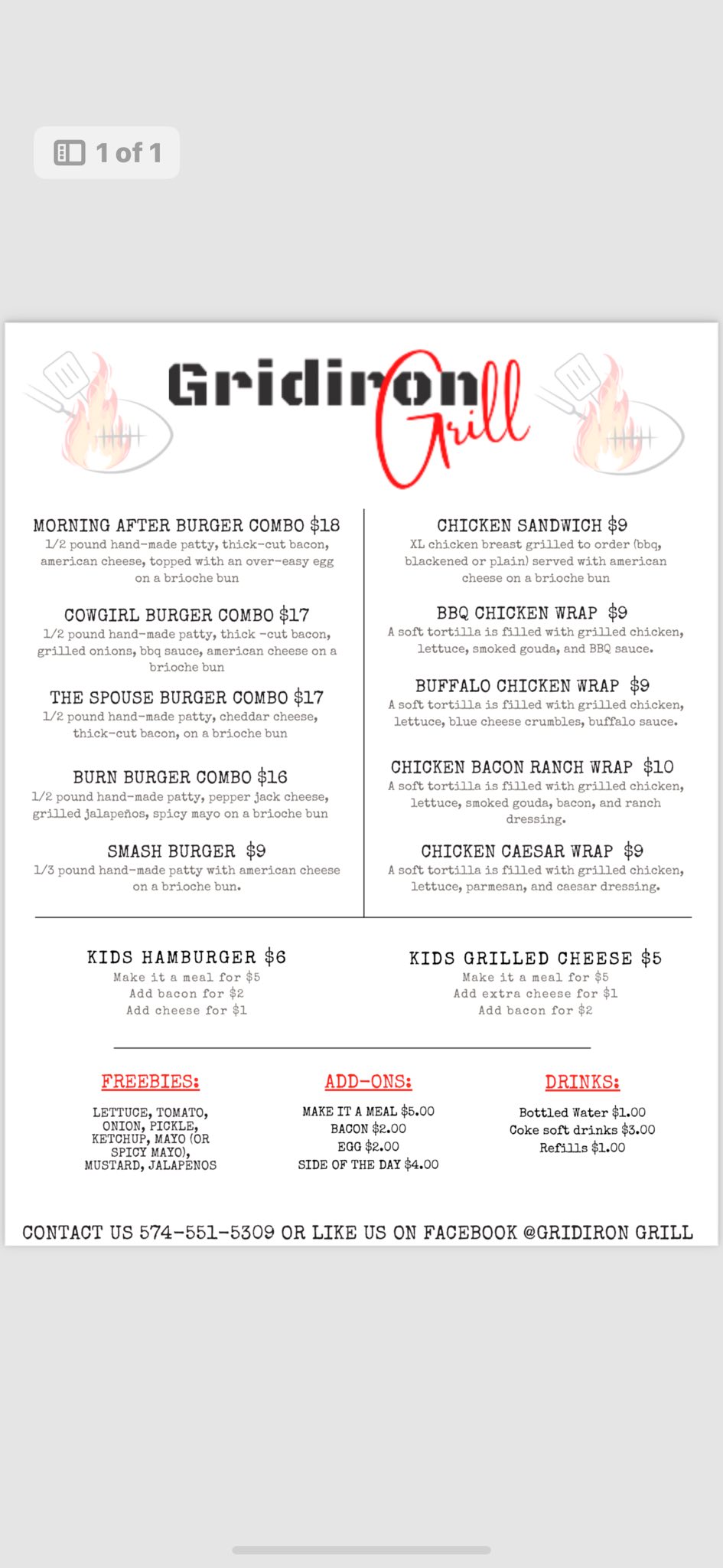 Gridiron Grill Menu