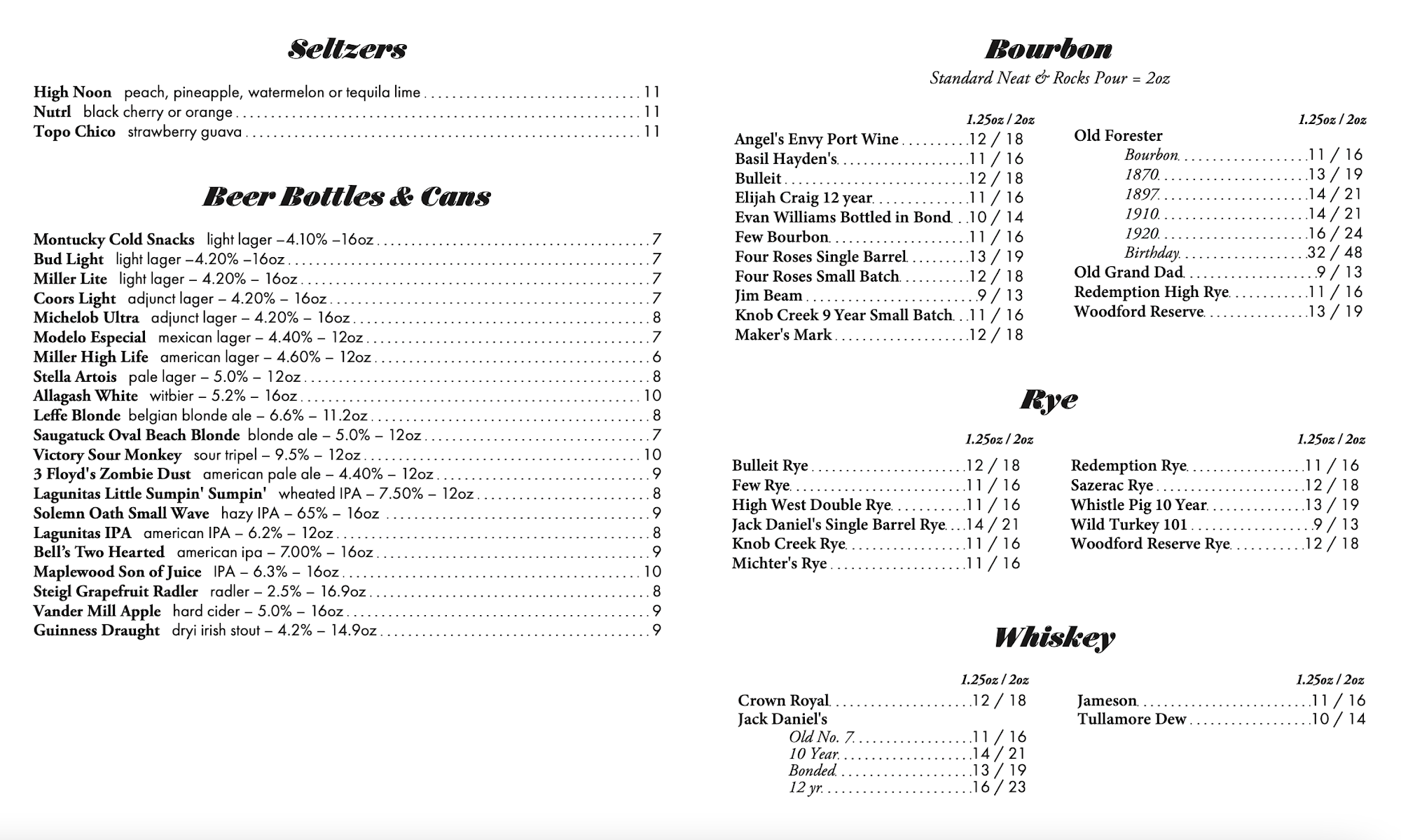 The Vig West Loop Menu