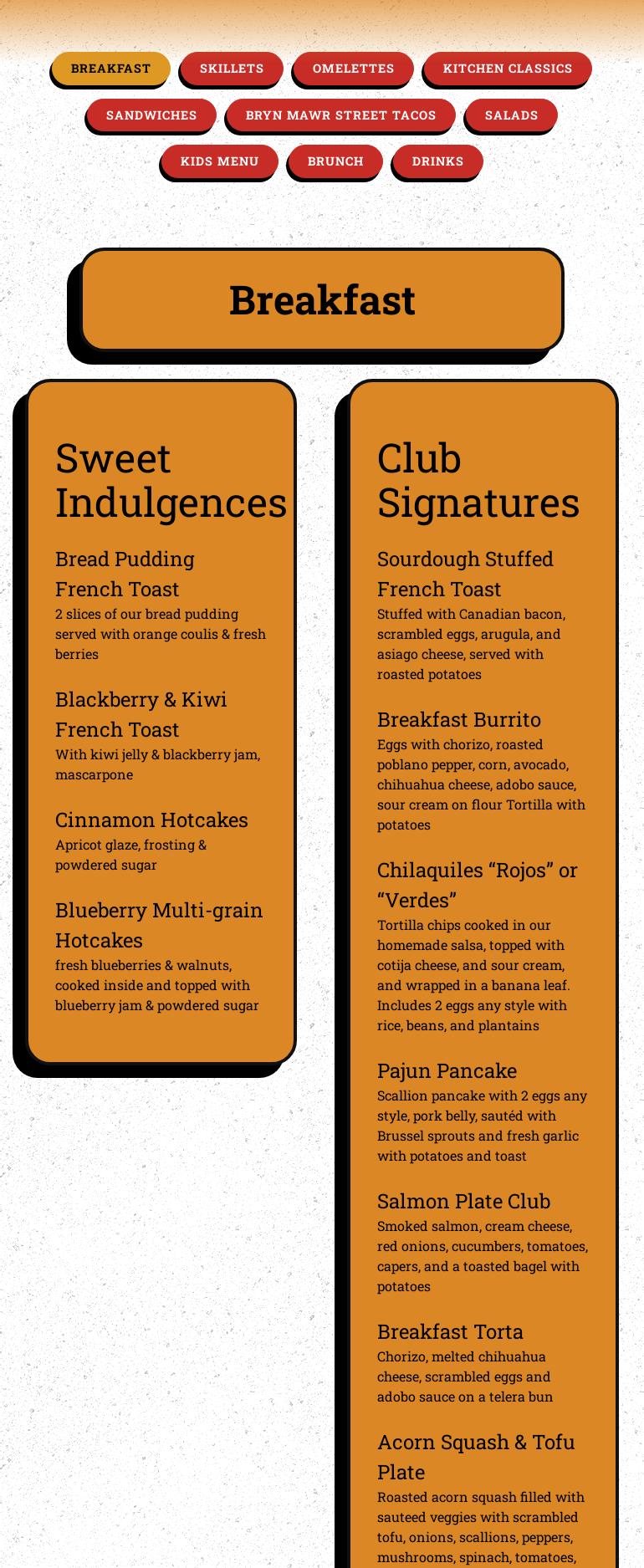 Bryn Mawr Breakfast Club Menu