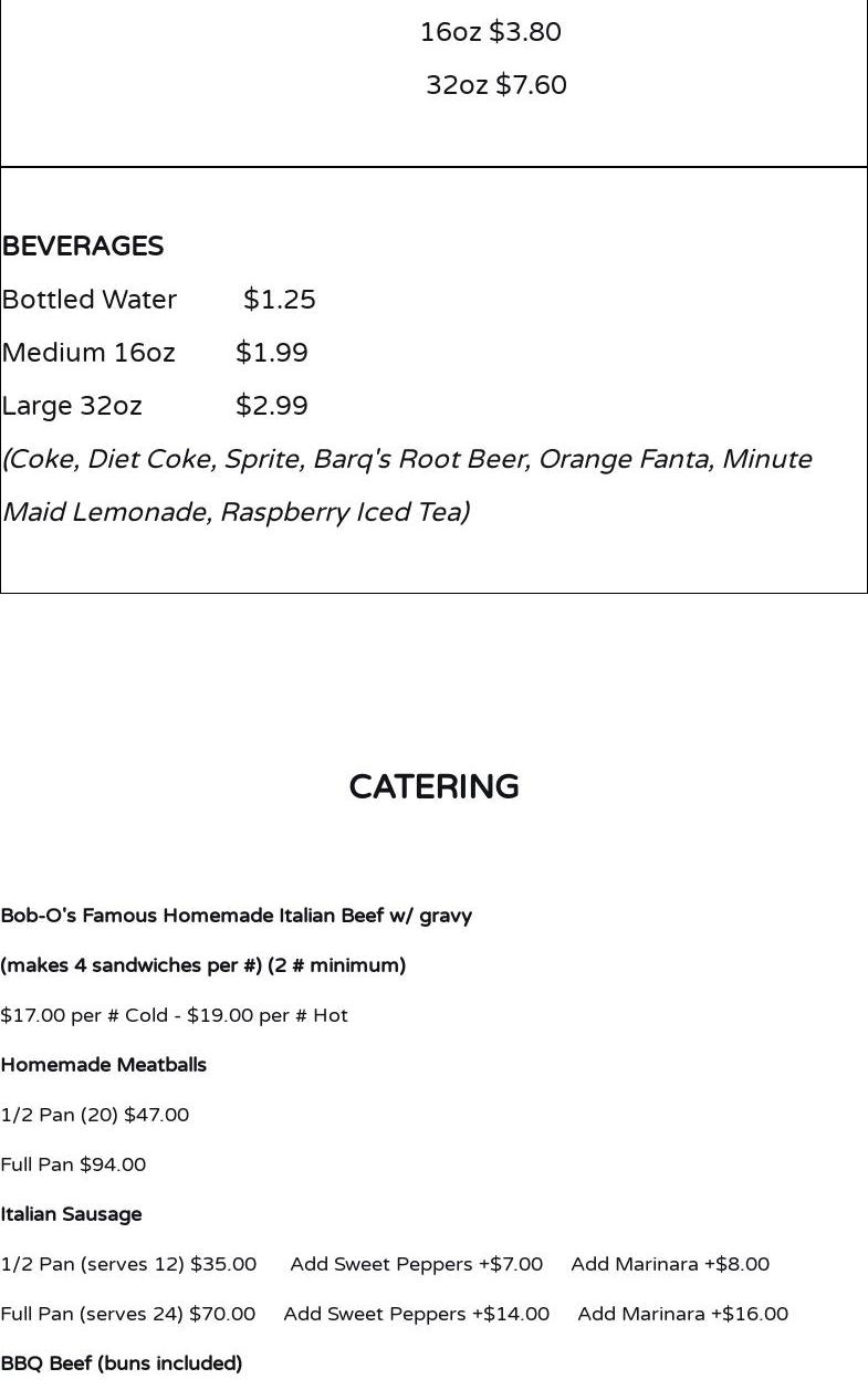 Bob-O’s Italian Beef Menu