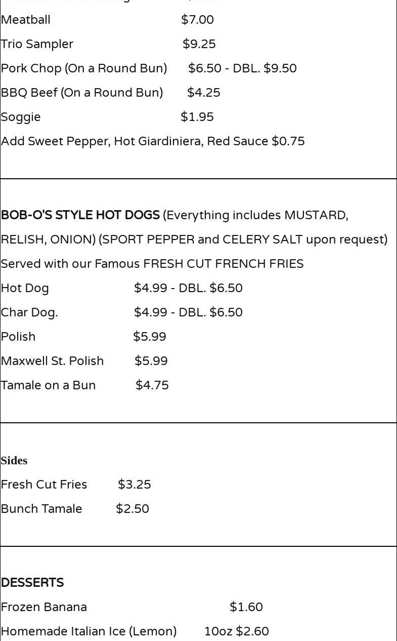 Bob-O’s Italian Beef Menu