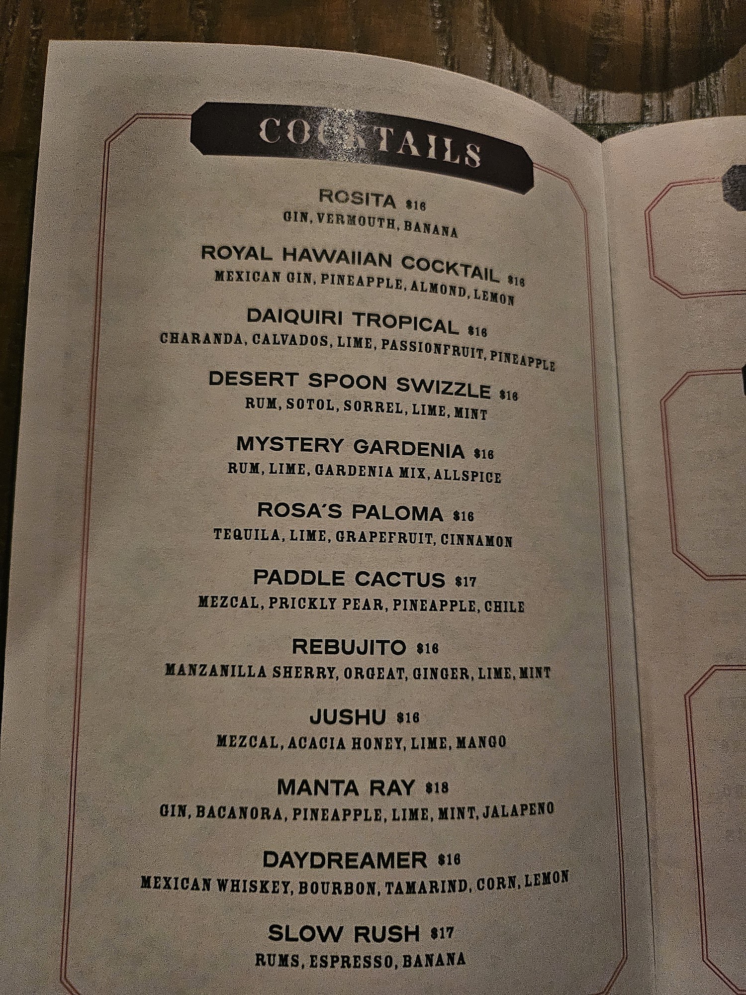 Cantina Rosa Menu
