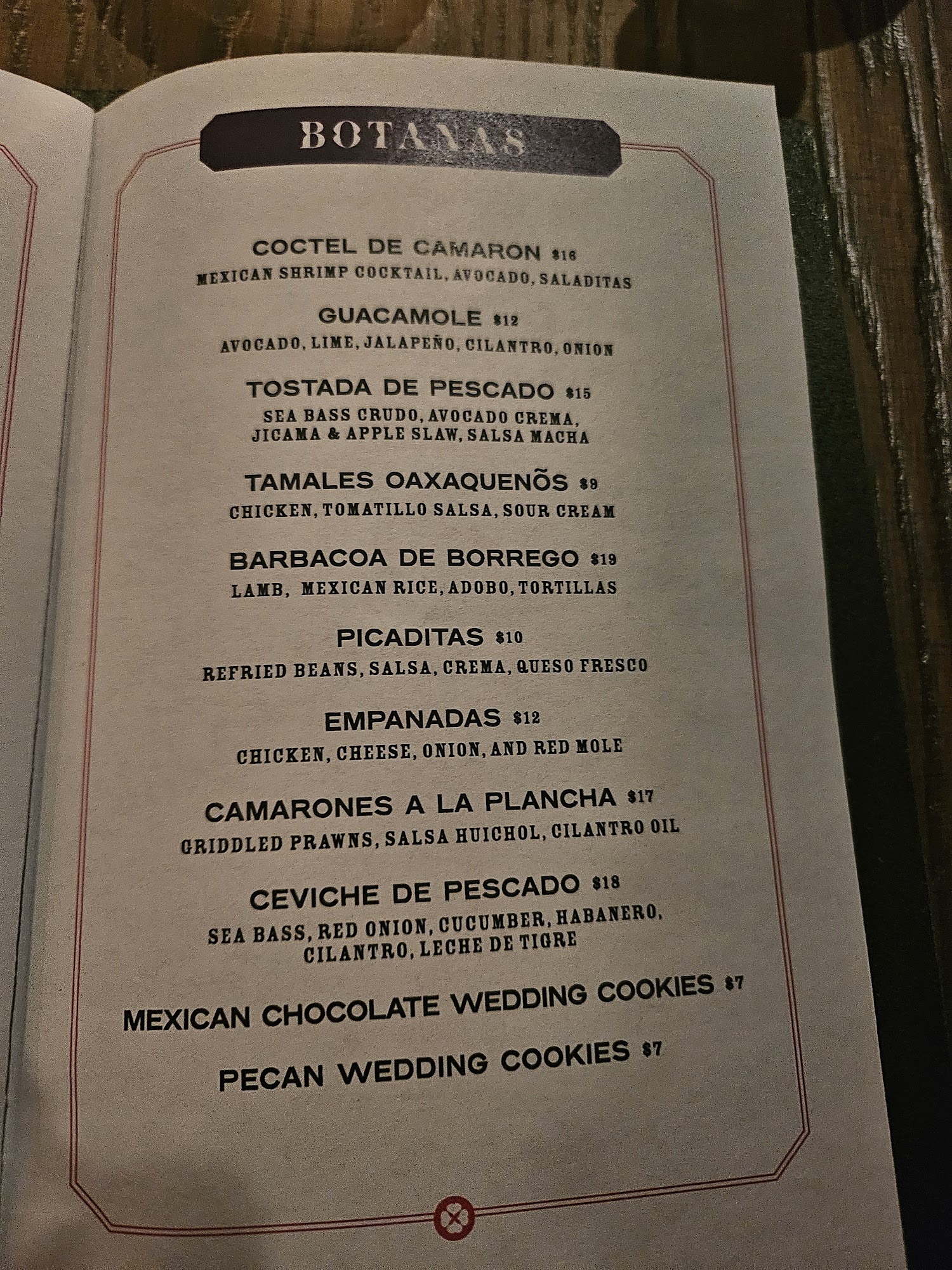 Cantina Rosa Menu