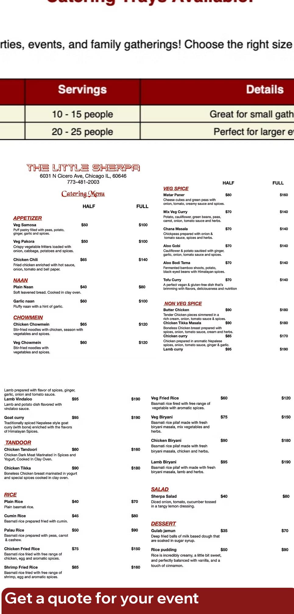 The Little Sherpa Menu