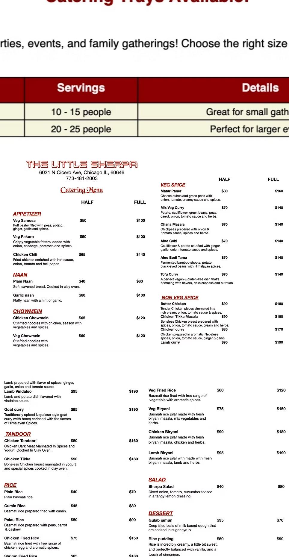 The Little Sherpa Menu