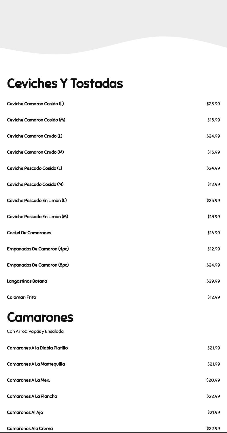 Mariscos El Calamar Mexican Restaurant Menu