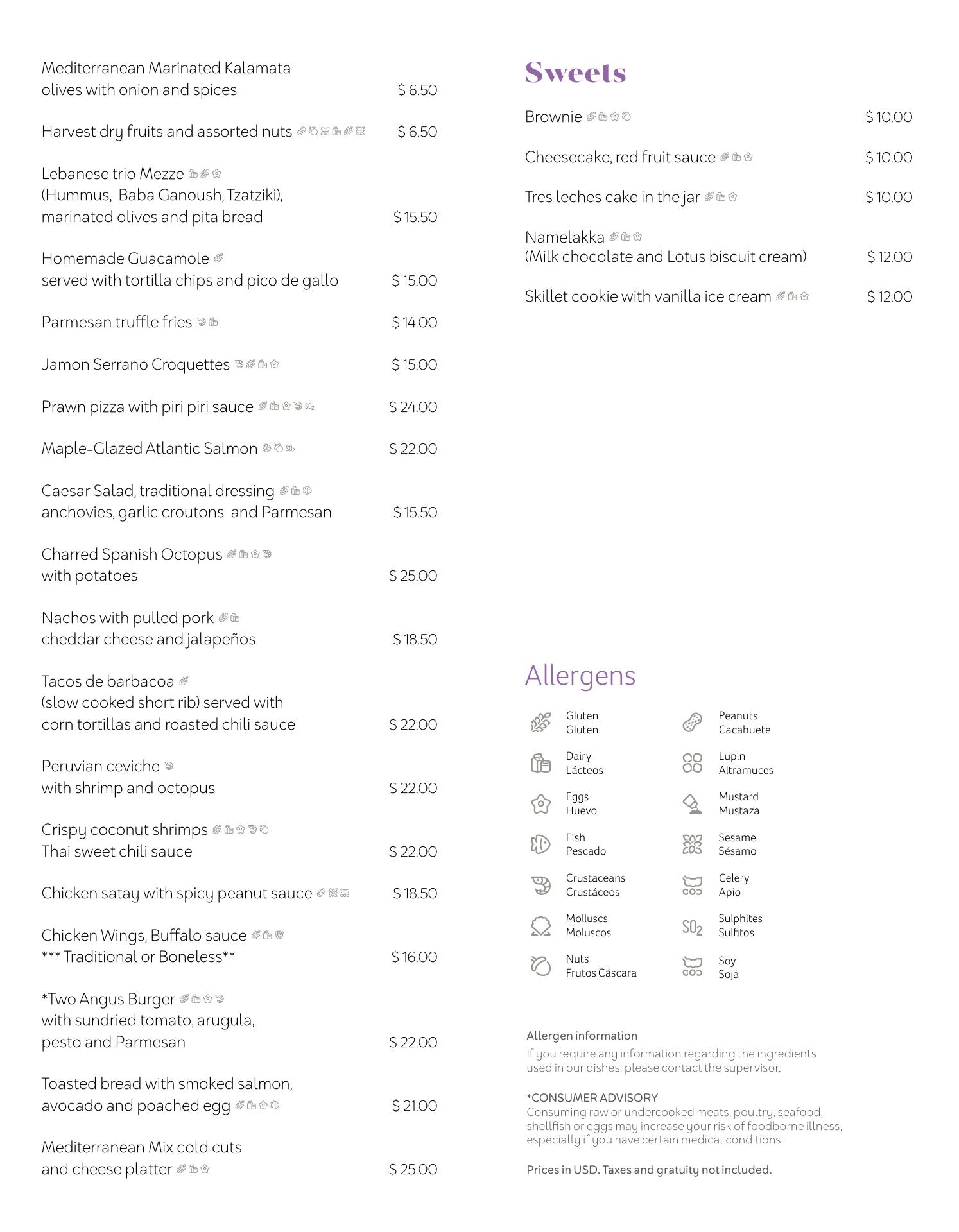 The Riu Rooftop Chicago Menu