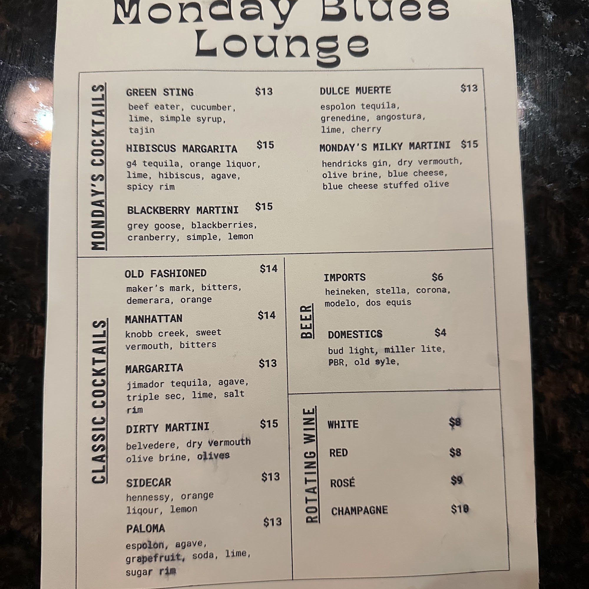 Monday Blues Lounge Menu
