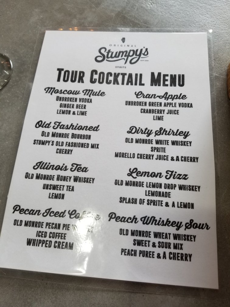 Stumpy's Spirits Distillery Menu