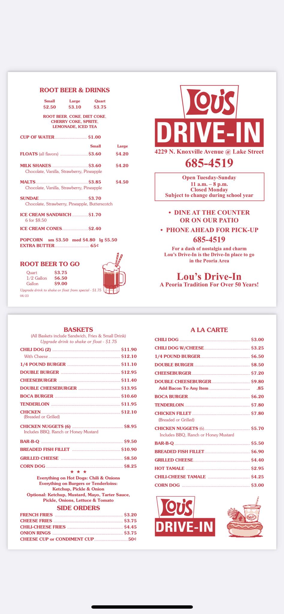 Lou's Drive In Menu