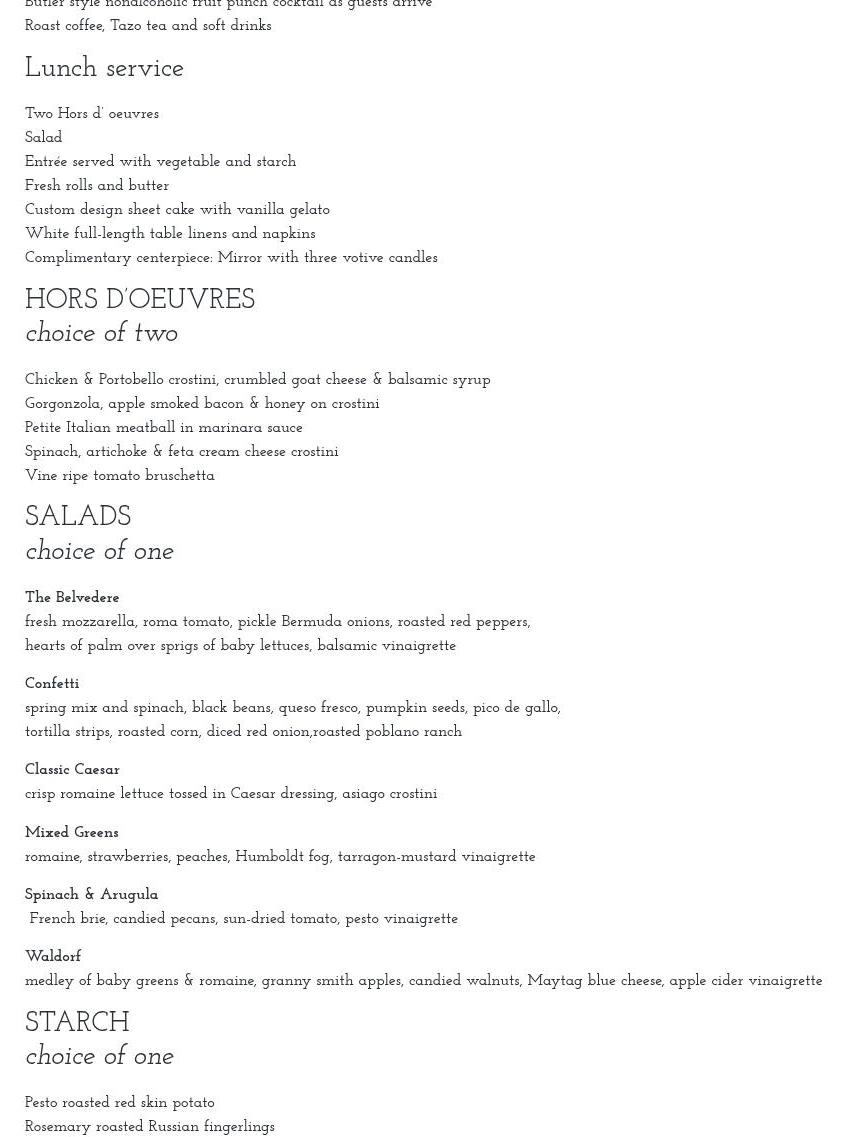 Belvedere Events & Catering Menu