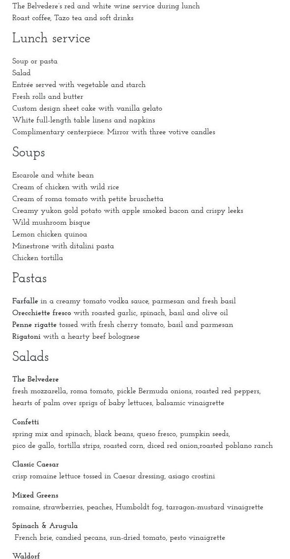 Belvedere Events & Catering Menu