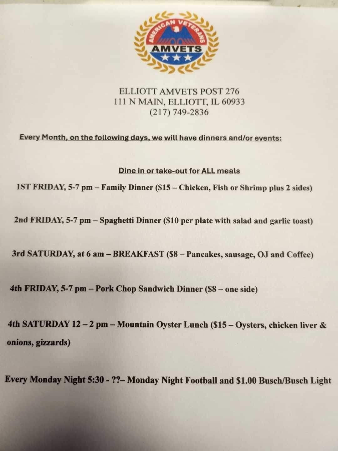 AMVETS Post #276 Menu