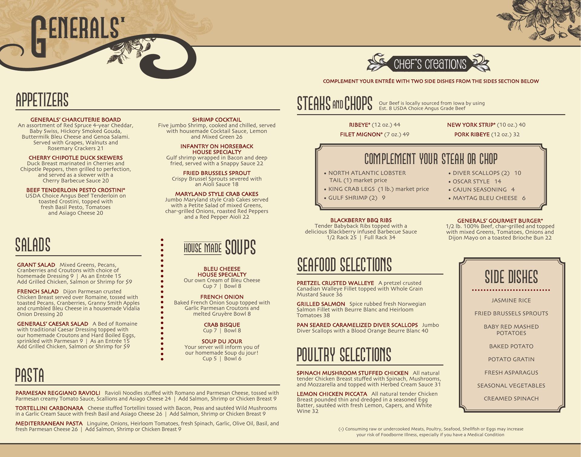Generals' Restaurant Menu