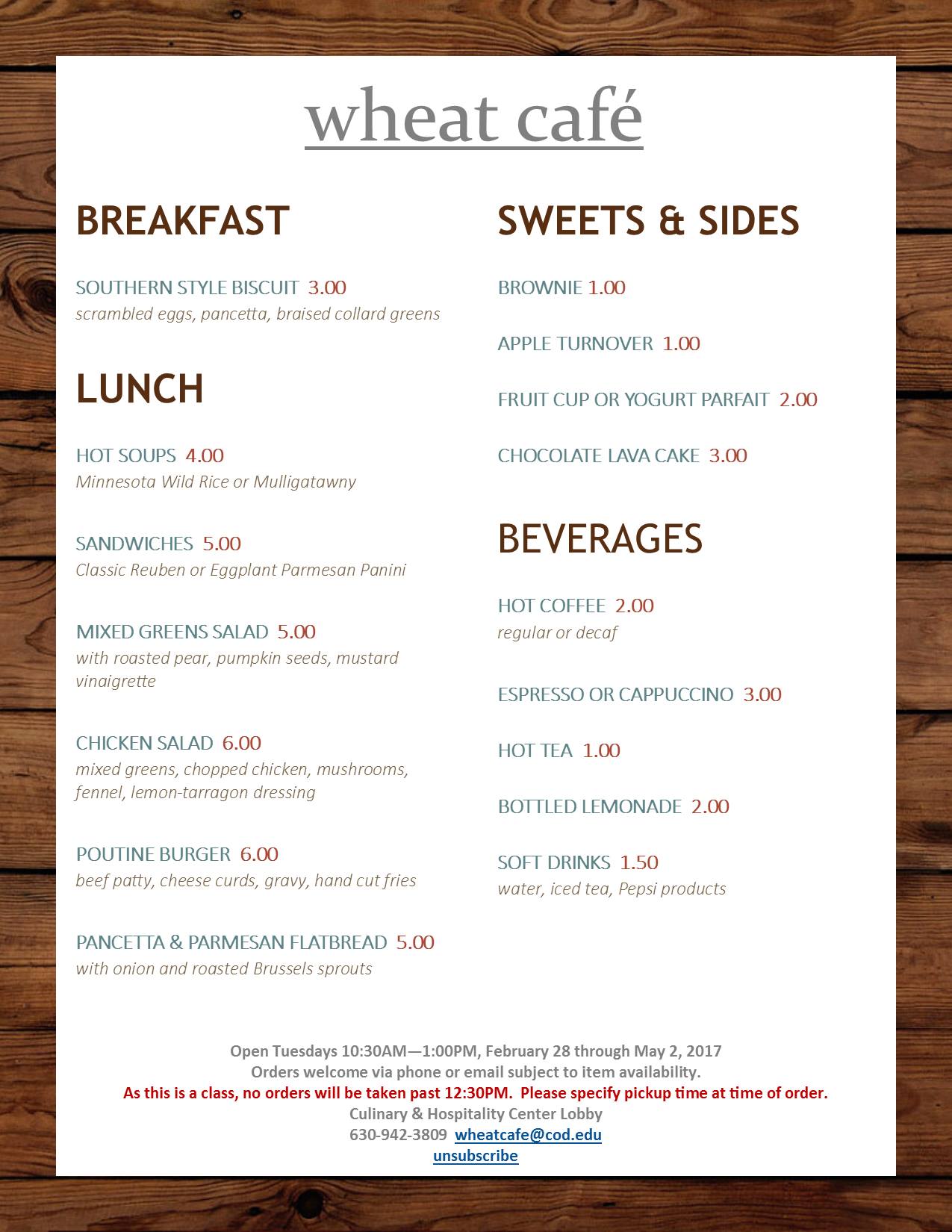 Wheat Café Menu