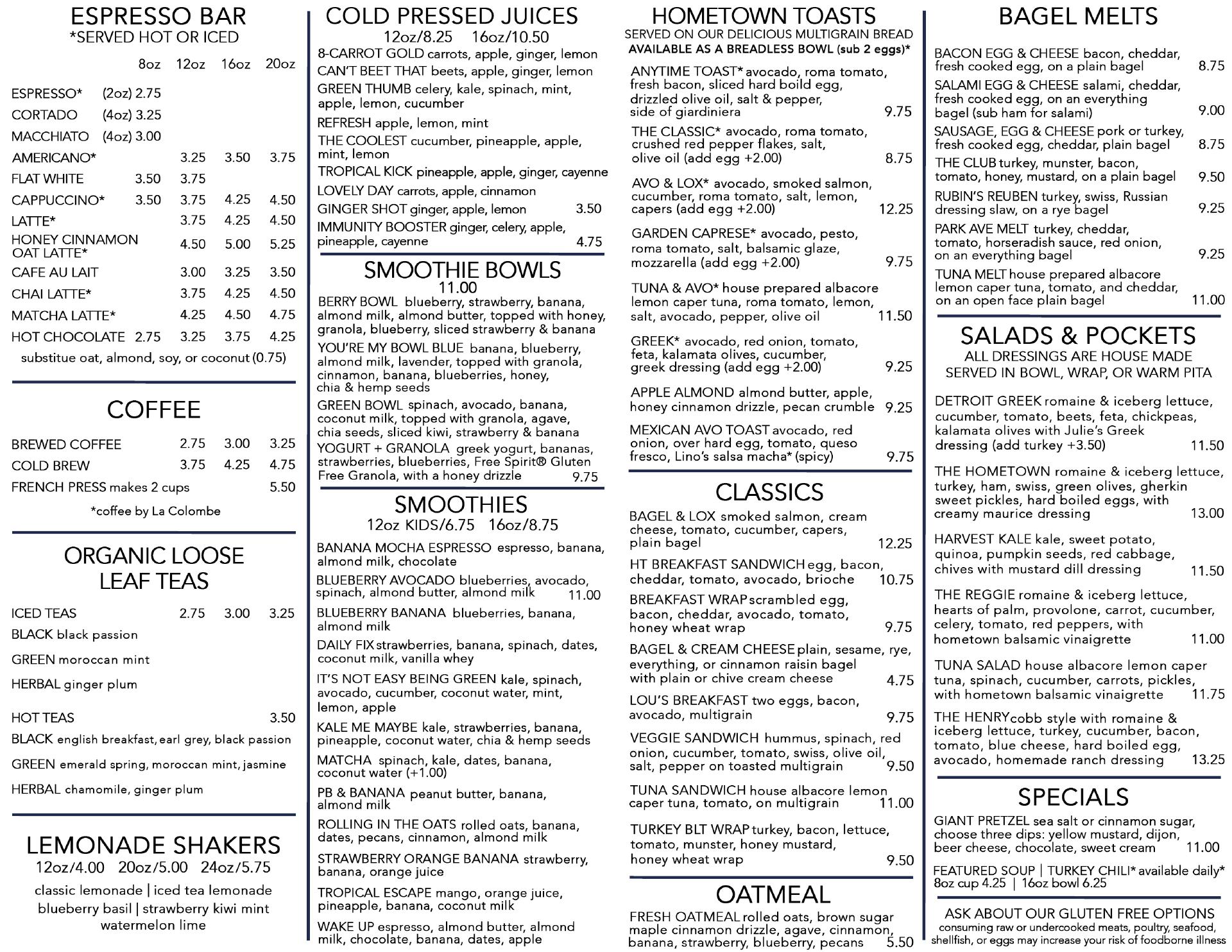 Hometown Coffee & Juice Menu