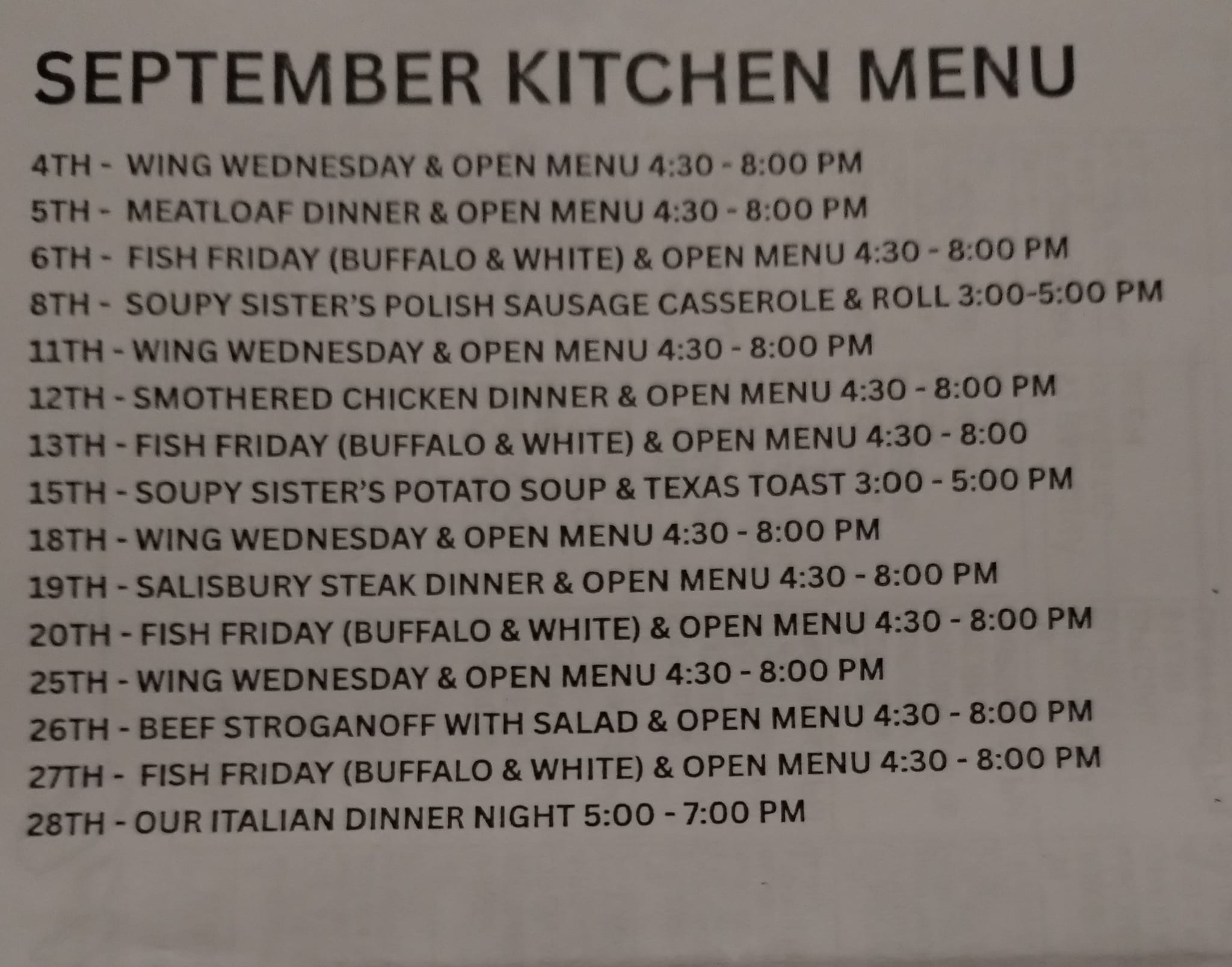 Moose Lodge 951 Menu
