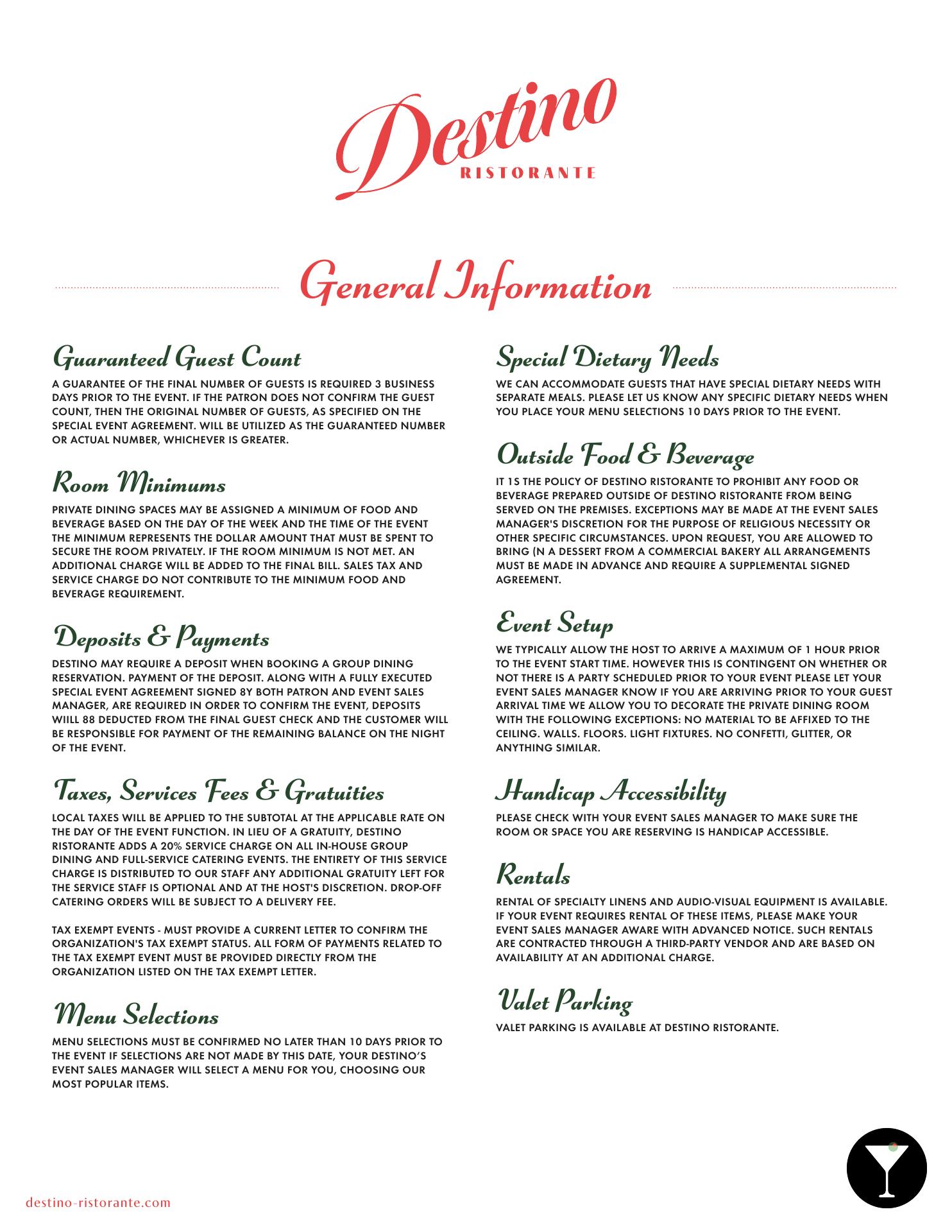 Destino Ristorante Menu