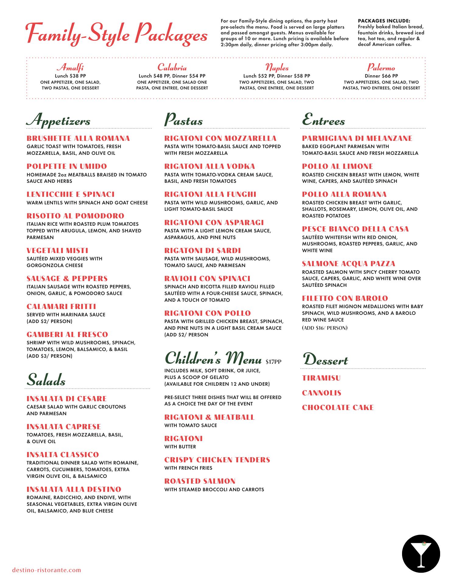 Destino Ristorante Menu
