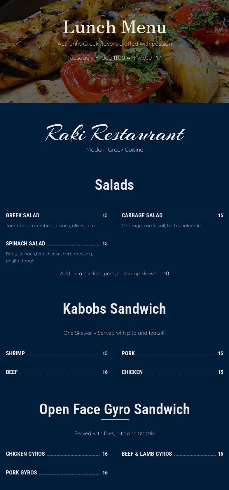 Raki Restaurant Menu