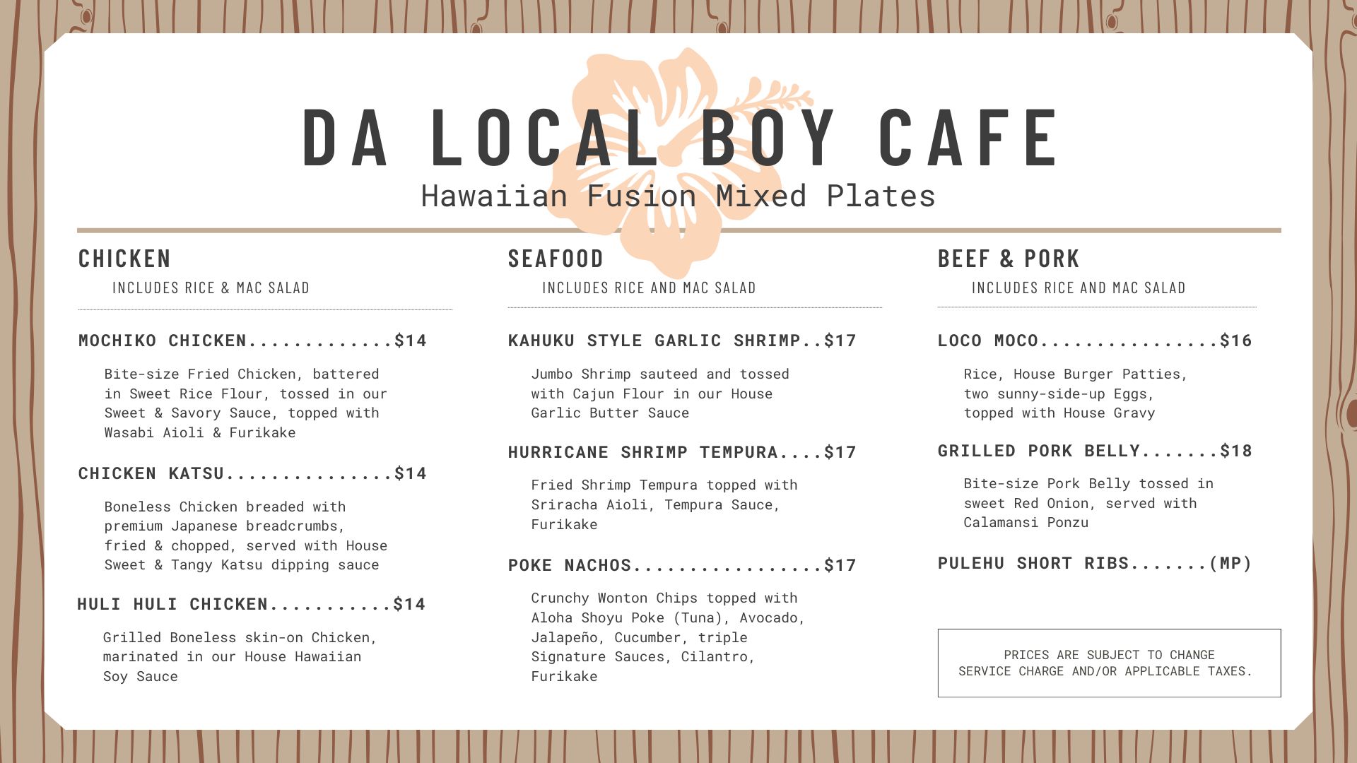Da Local Boy Cafe Menu
