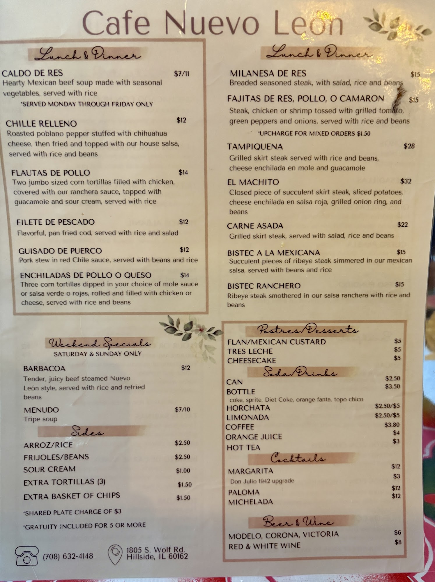 Cafe Nuevo Leon Menu