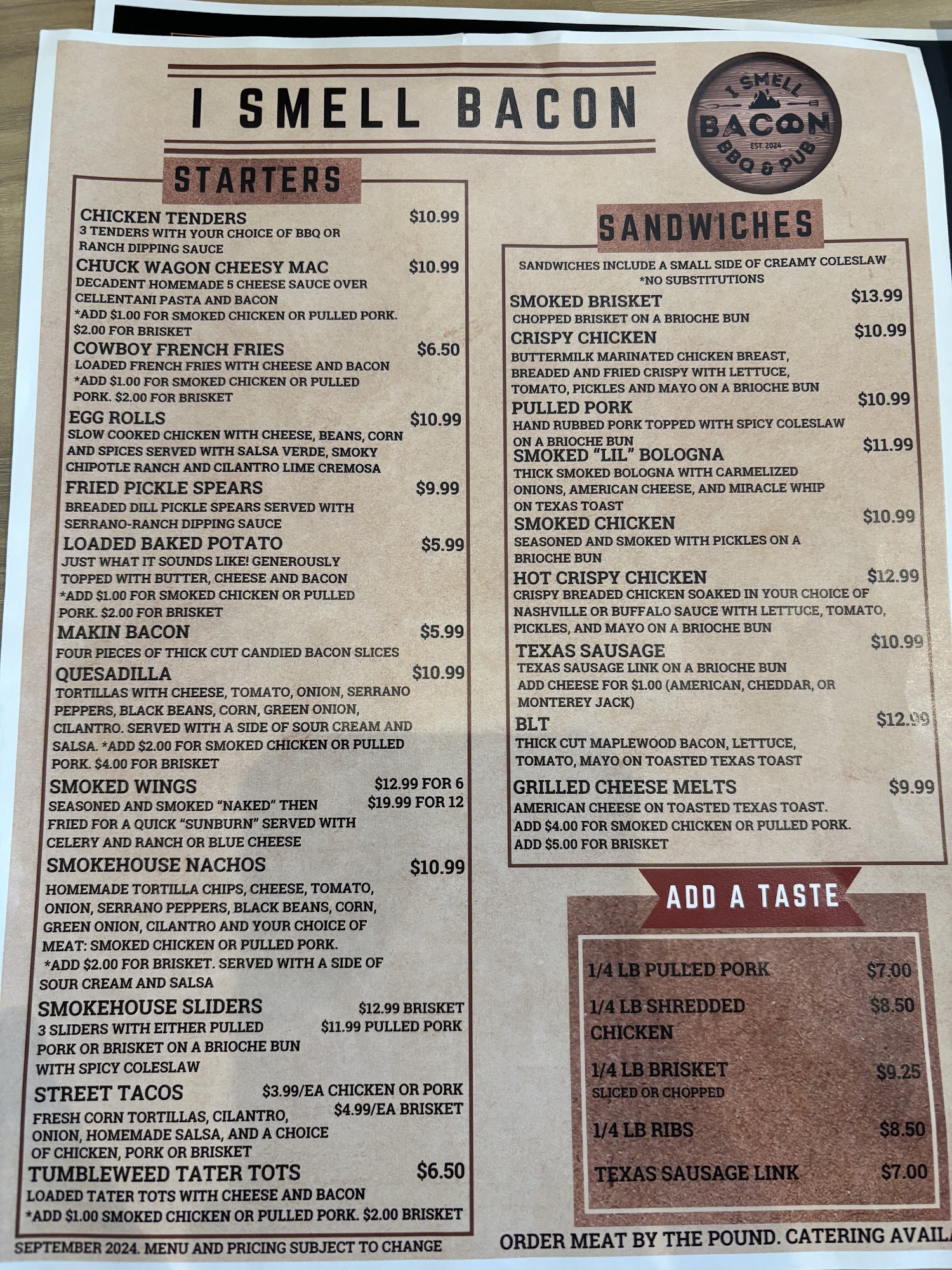 I Smell Bacon BBQ Menu