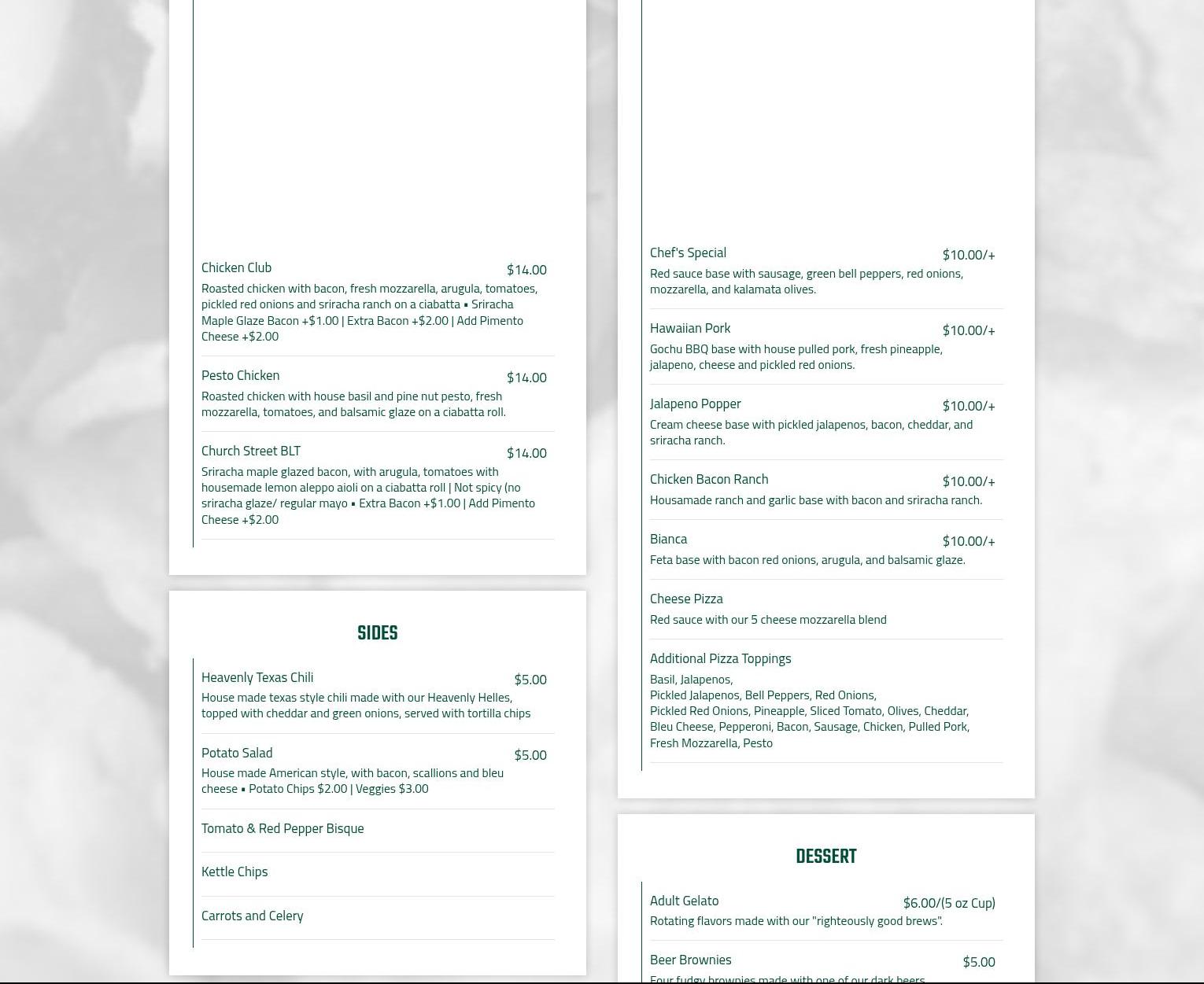 Church Street Brewing Company Menu