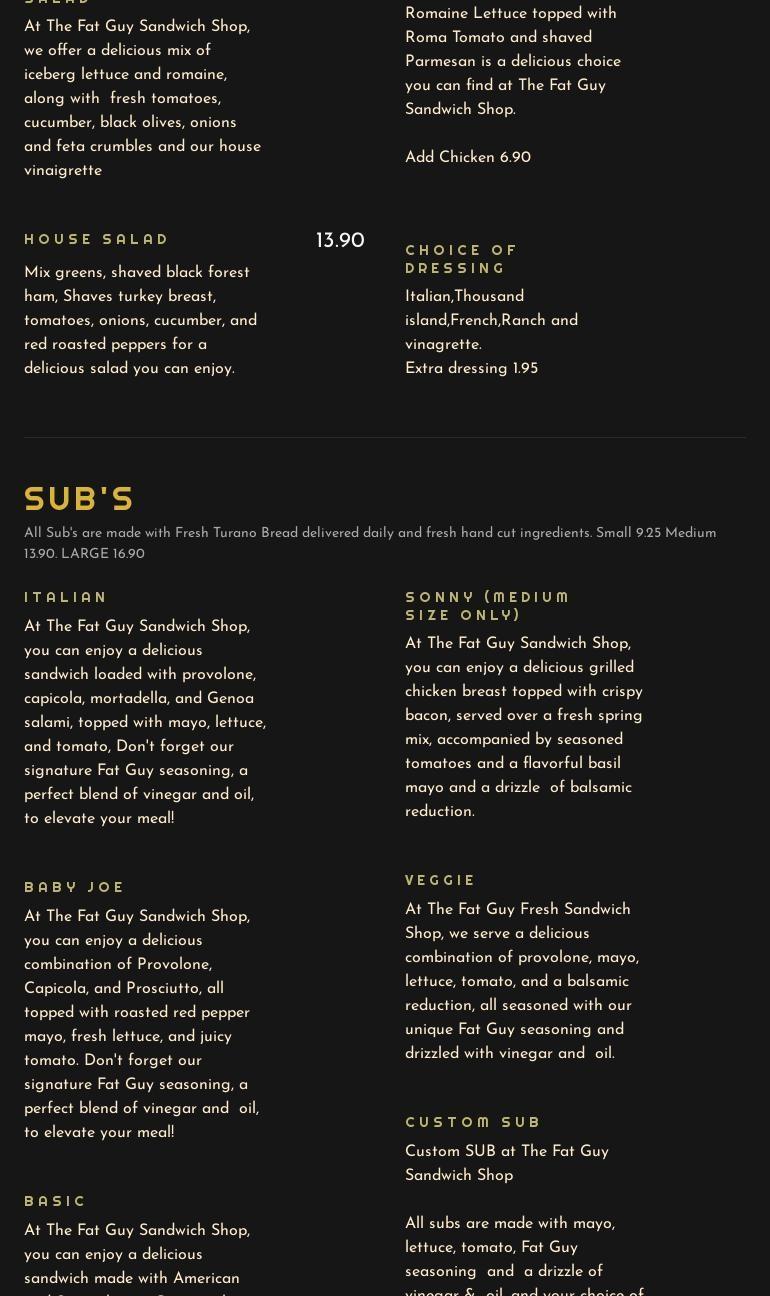 The Fat Guy Sandwich Shop Menu