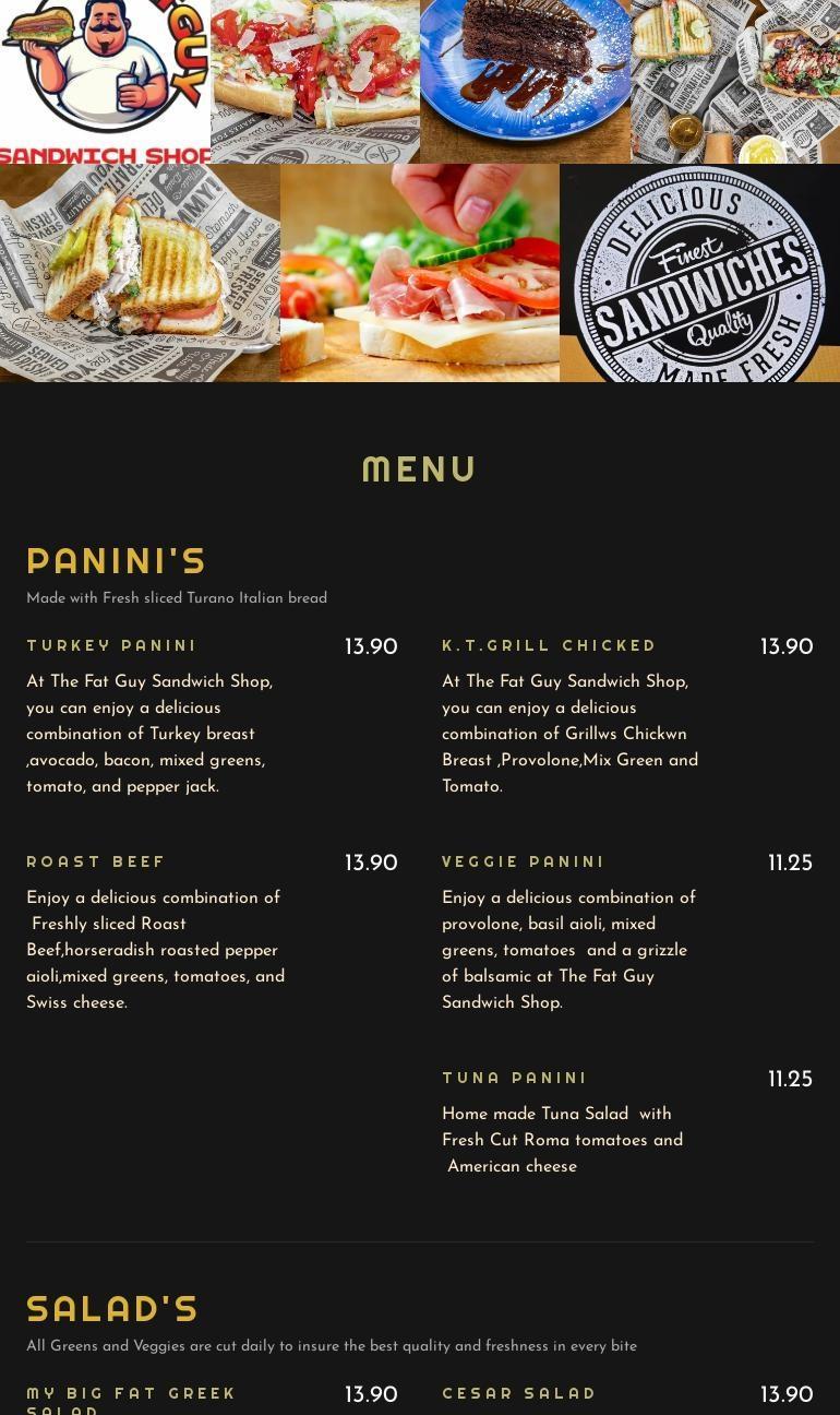 The Fat Guy Sandwich Shop Menu