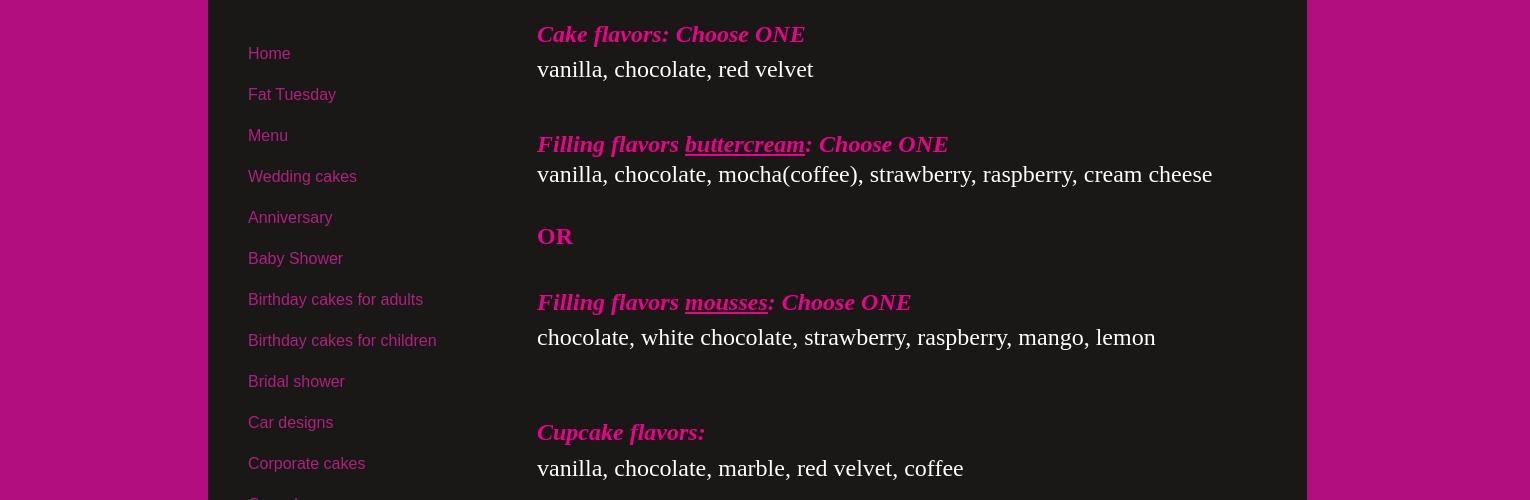 Cakes by Carlos Menu