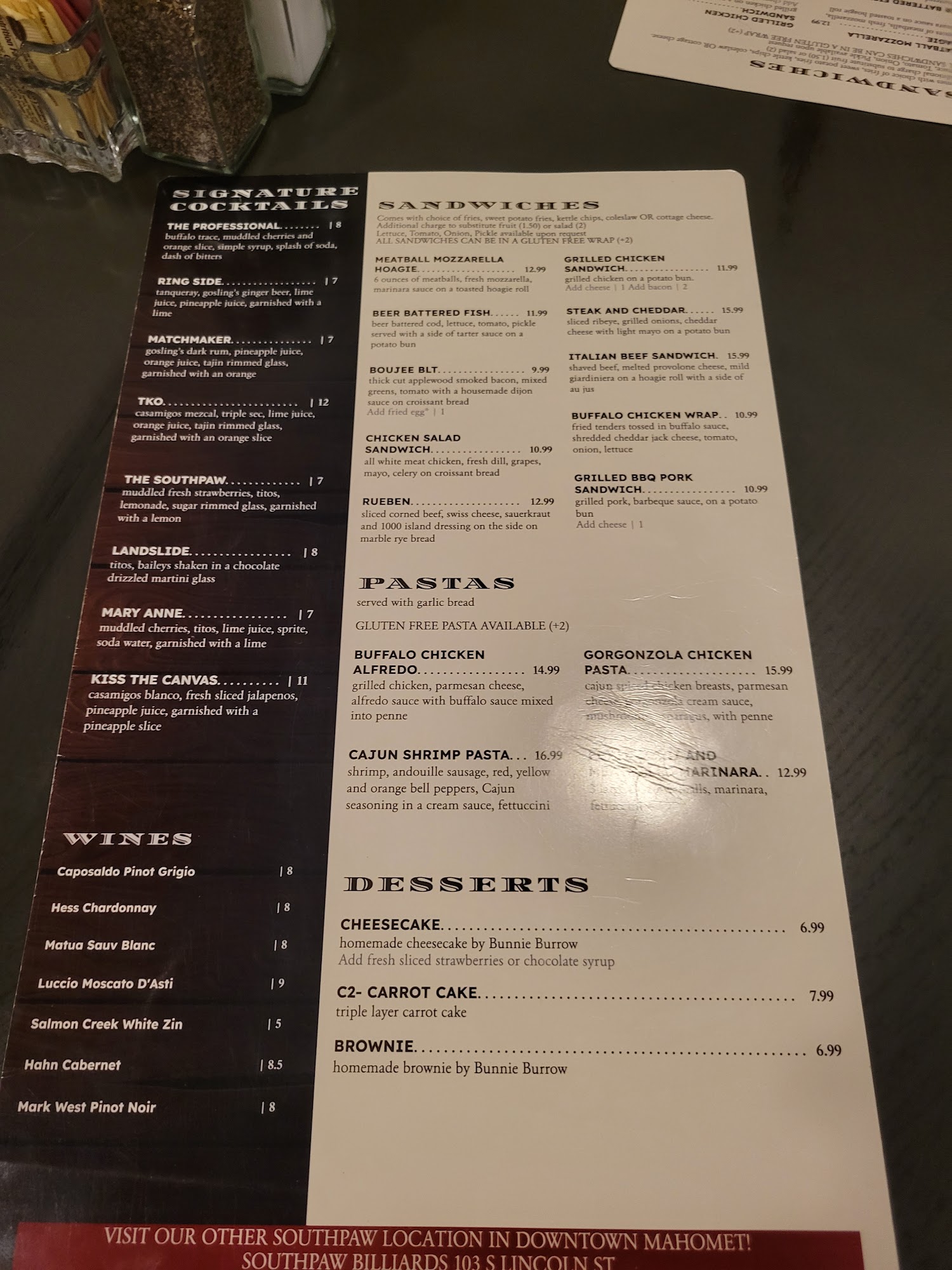 Southpaw Social Menu