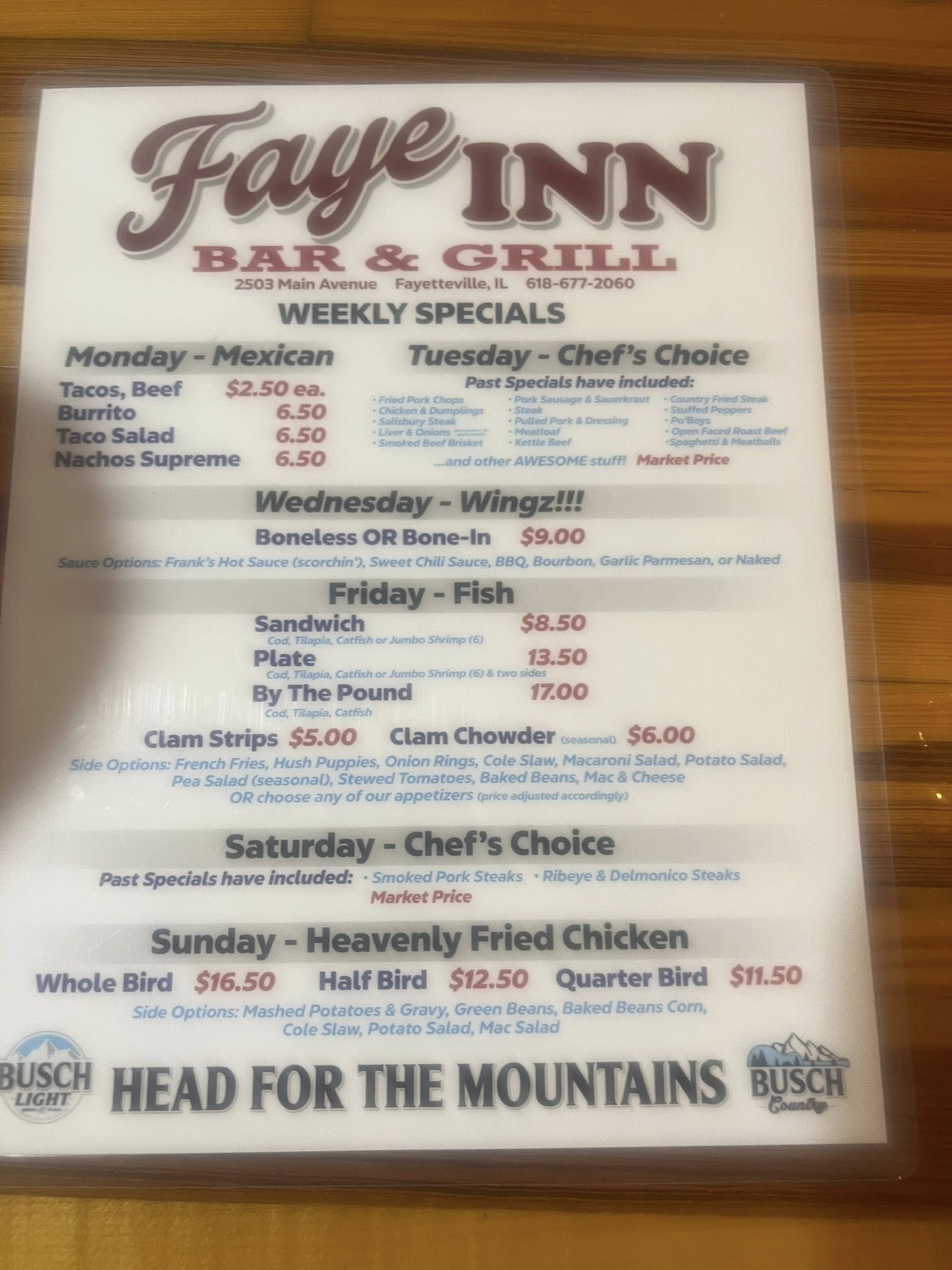 Faye Inn Menu