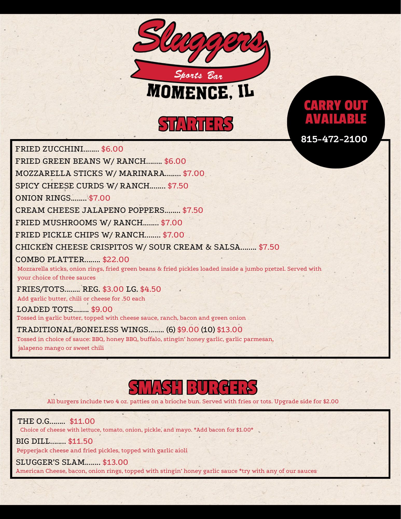 Slugger's Sports Bar Menu