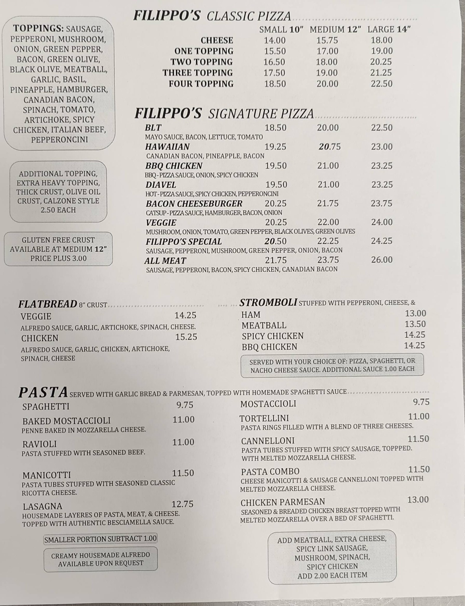 Filippo's Pizza and Pasta Menu