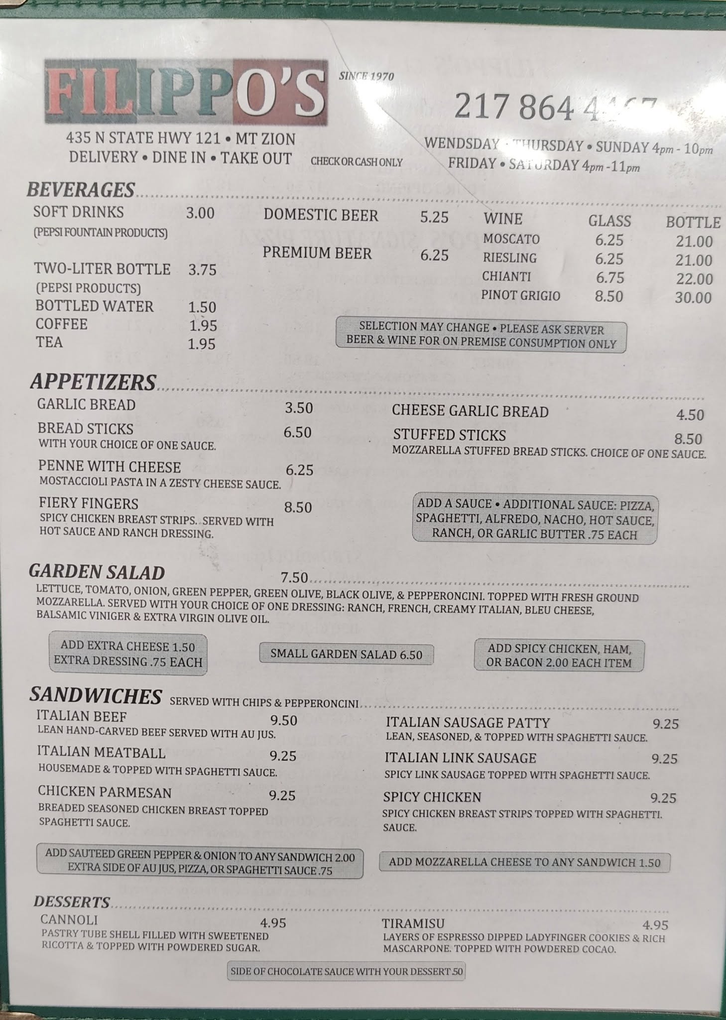 Filippo's Pizza and Pasta Menu