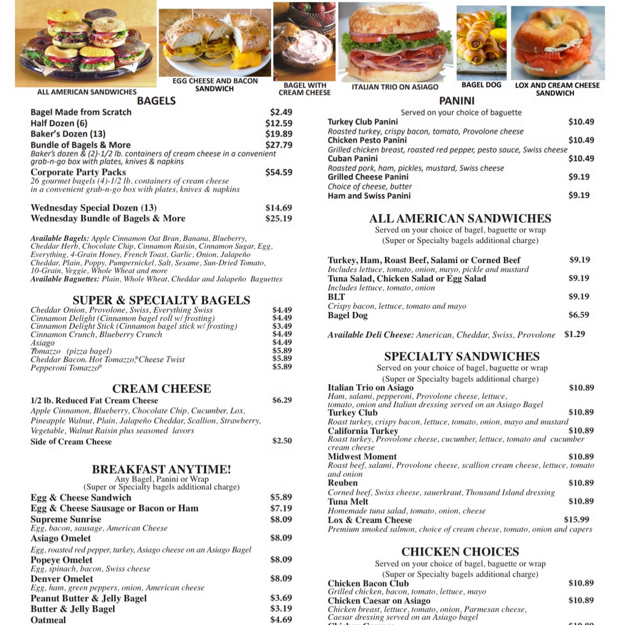 The Great American Bagel Menu
