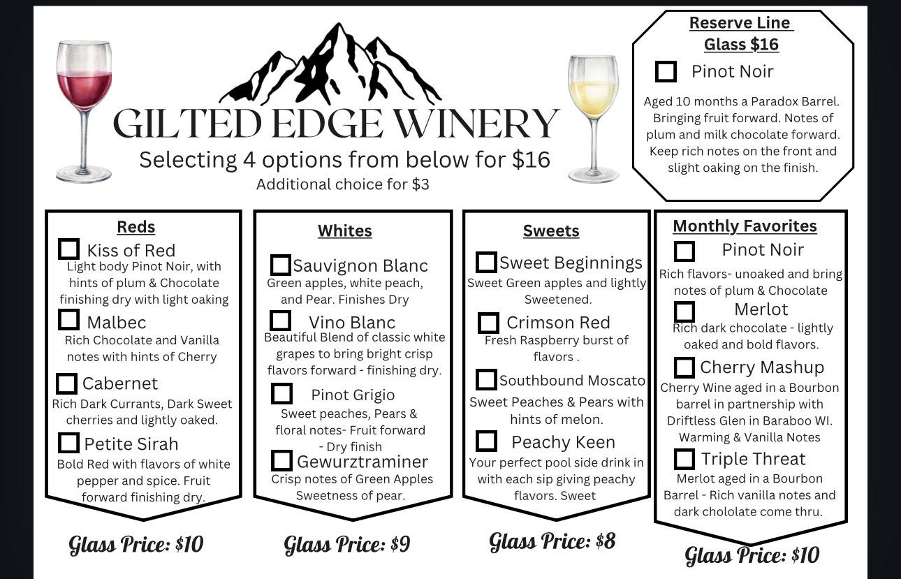 Gilted Edge Winery Menu