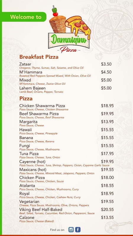 Damasqino pizza Menu