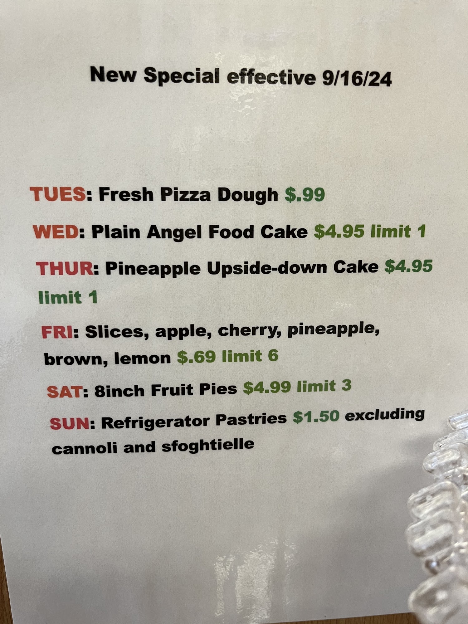 Allegretti's Bakery Menu