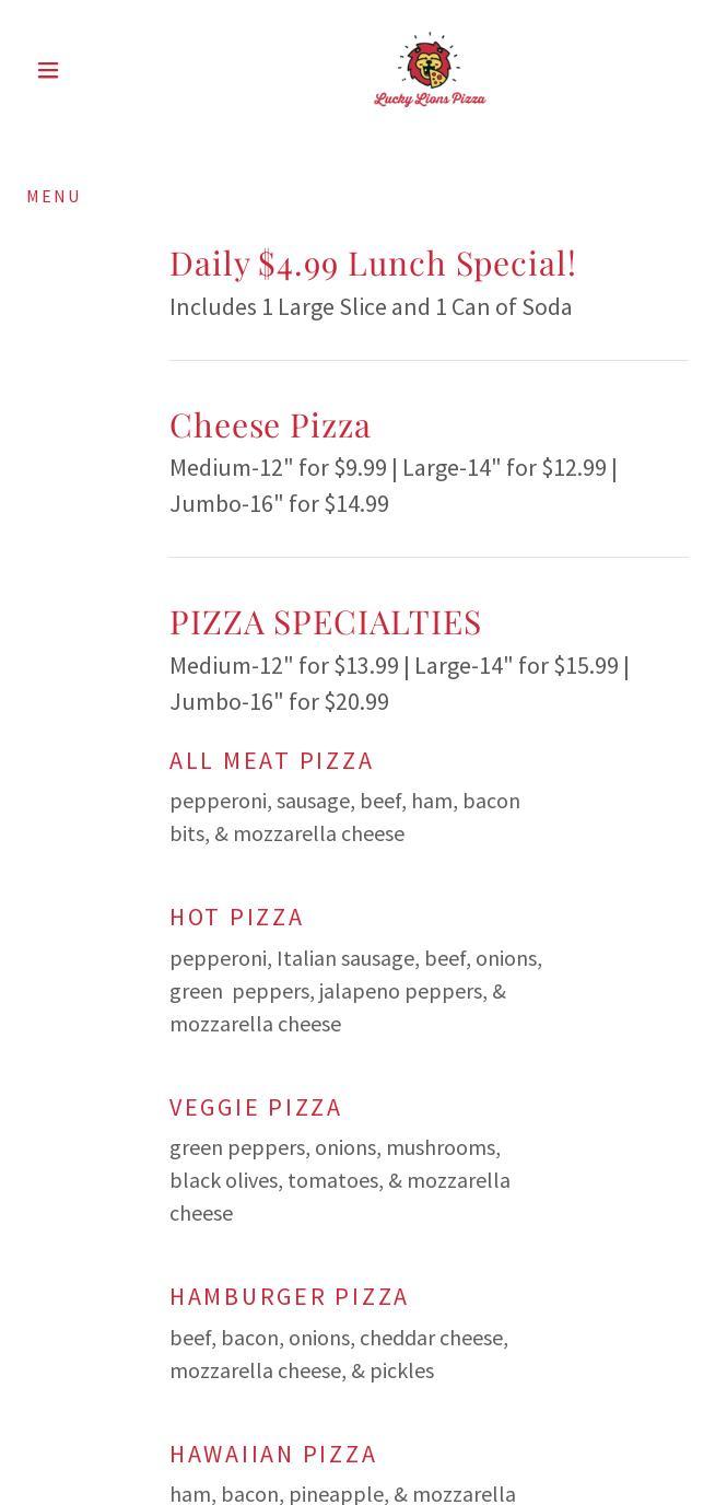 Lucky Lions Pizza Menu