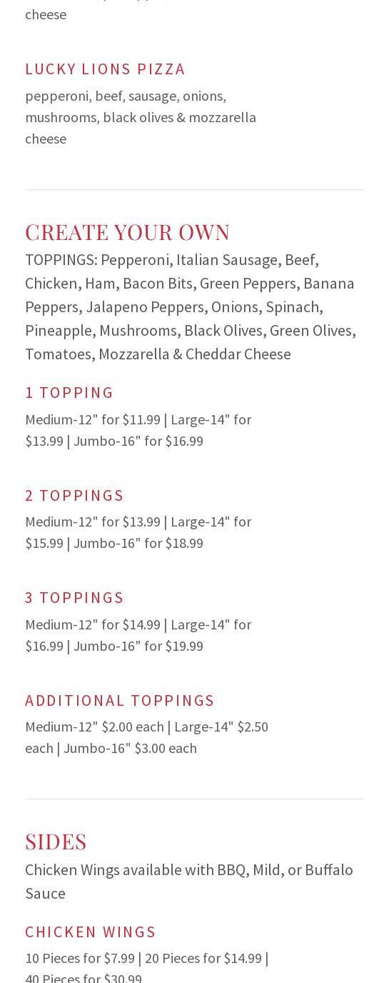 Lucky Lions Pizza Menu