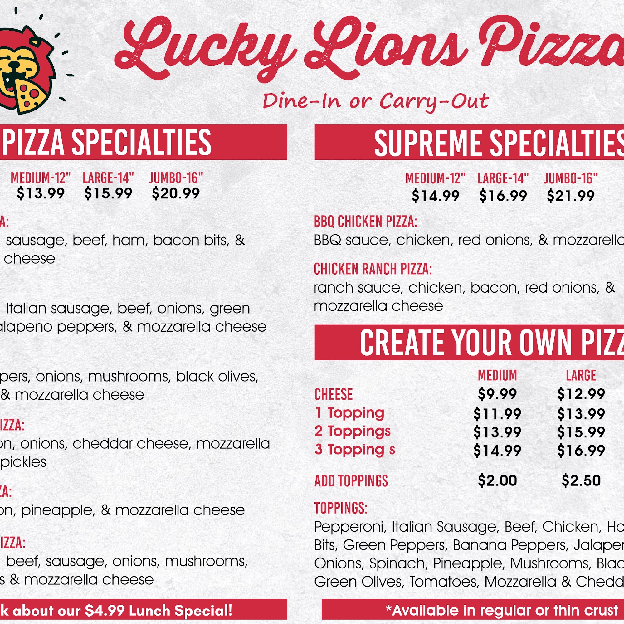Lucky Lions Pizza Menu