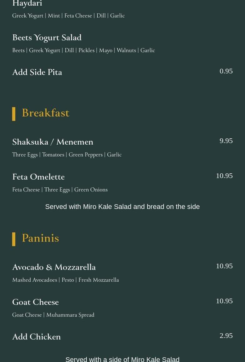 Cafe De Miro Menu