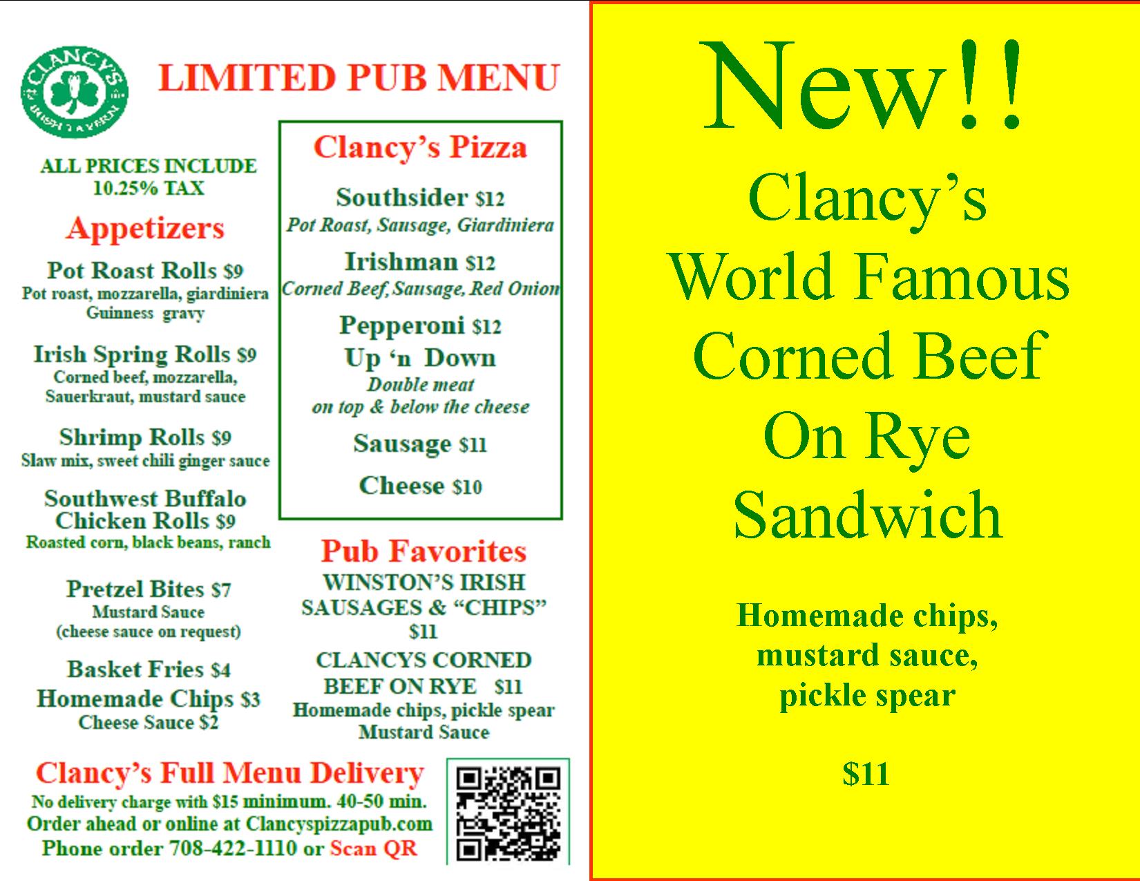 Clancys 95th Irish Tavern Menu