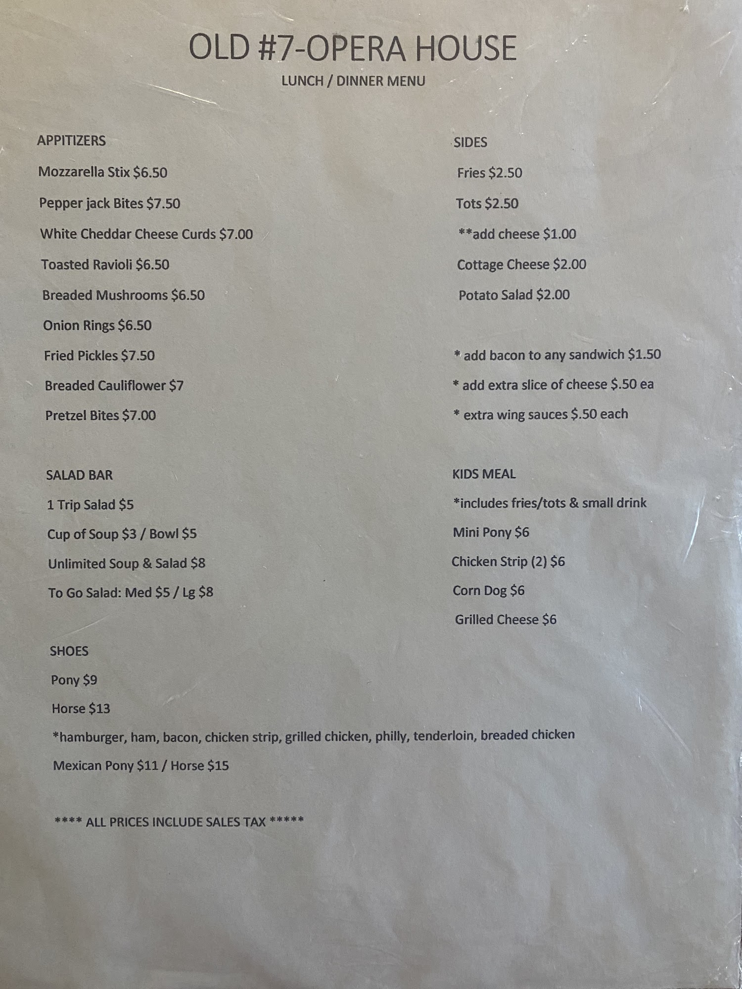 Palmyra Opera House & Old No. 7 Saloon Menu